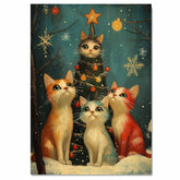 Retro Christmas Cats Print Festive Kittens in Holiday Costumes Around Snowy Tree Whimsical Winter Vintage Artwork for Cozy Seasonal Home Decorations on Ready to Hang 1.5" Thick Canvas Wrap, Floating Framed Canvas, Flat Rolled Canvas